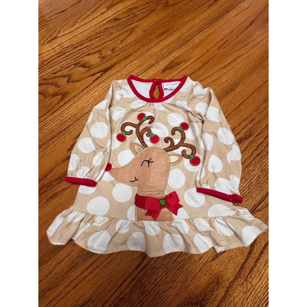 Emily Rose Toddler Girls Reindeer Polka Dot Christmas Dress Oatmeal Red 2T NEW